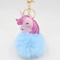 Pink faux leather unicorn keychain with sky blue fur pompom and golden lobster clasp - Gold Keychain / Light Blue
