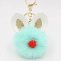 Mint green plush bunny puff keychain with golden rabbit ears and red ball accent - Bunny Ear Pom Pom Keychain / Mint Green
