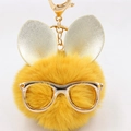 Gros plan du porte-clés pompon en fausse fourrure jaune avec lunettes et oreilles - Porte-clés Lunettes et Oreilles / Orange