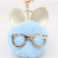 Porte-clés créatif en fausse fourrure bleu clair avec oreilles de lapin dorées - Porte-clés Lunettes et Oreilles / Bleu clair