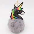 Detail of black leather unicorn keychain with rainbow mane and soft grey plush pompom - Gray