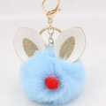 Light blue fluffy bunny ear keychain with gold sequins and a metallic lobster clasp - Bunny Ear Pom Pom Keychain / Light Blue