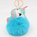 Detail of blue plush pom-pom and stitched unicorn leather charm with golden key ring - Lake Blue