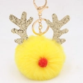 Detail of yellow Christmas reindeer fur ball keychain with sparkly glitter antlers and gold clasp - Christmas Deer Style (圣诞鹿钥匙扣) / Yellow