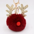 Detail of red faux fur pompom reindeer keychain with golden glitter antlers and gold hook - Christmas Deer Style (圣诞鹿钥匙扣) / Burgundy