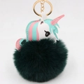 Detailed view of fluffy dark green fur pompom and cute leather unicorn keychain charm - Dark Green