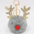 Close-up of reindeer plush ball keychain with grey faux fur and gold glitter antlers - Christmas Deer Style (圣诞鹿钥匙扣) / Gray
