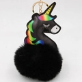 Detailaufnahme von schwarzem Einhorn-Kunstleder und weichem Plüsch-Pompon mit goldenem Ring - Schwarz