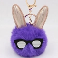 Détail du porte-clés lapin en fausse fourrure violette avec oreilles et lunettes en métal - Violet