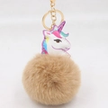 Süßer Einhorn-Schlüsselanhänger mit rosa Mähne und braunem flauschigem Fellbommel - Goldener Schlüsselanhänger / Khaki