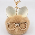 Gros plan du porte-clés tête de lapin en fourrure synthétique avec lunettes dorées - Porte-clés Lunettes et Oreilles / Khaki