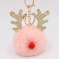 Detail view of pink pompom reindeer keychain with golden sequin antlers and metal ring - Christmas Deer Style (圣诞鹿钥匙扣) / Pink