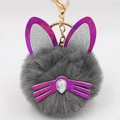 Detailed view of plush cat ear keychain with purple sequins and sparkling teardrop crystal - Dark Gray