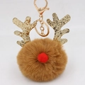 Christmas reindeer keychain with brown faux fur pom pom and golden sequin antlers - Christmas Deer Style (圣诞鹿钥匙扣) / Coffee
