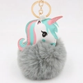 Close-up of unicorn faux fur pompom keychain with creative PU leather patch detail - Gray