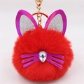 Detail of red plush cat keychain with purple sequin ears and lobster clasp - Red