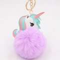 Close-up of fluffy purple unicorn keychain with golden ring and multi-colored patch - Taro Purple