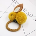 Close-up of yellow plush rabbit hair tie with 3D felt ears and brown elastic band - Yellow Hair Tie