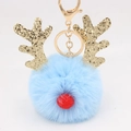 Blue Christmas plush ball keychain with glitter antlers and golden metal lobster clasp - Christmas Deer Style (圣诞鹿钥匙扣) / Light Blue