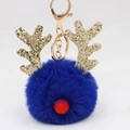 Detail of dark blue plush reindeer pompom keychain with gold glitter antlers and clasp - Christmas Deer Style (圣诞鹿钥匙扣) / Sapphire Blue