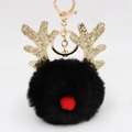 Detail of reindeer faux fur pompom keychain with gold sequined antlers and metal clasp - Christmas Deer Style (圣诞鹿钥匙扣) / Black