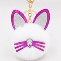 Detail of white plush cat keychain with sequined pink ears and sparkling rhinestone nose - White