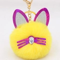 Detail of yellow plush cat keychain with purple sequin ears and teardrop crystal - Yellow