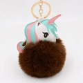 Detail of a brown faux fur pompom and colorful leather unicorn keychain with gold ring - Brown