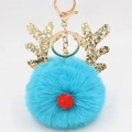 Detailed view of light blue Christmas reindeer plush pom pom keychain with gold antlers - Christmas Deer Style (圣诞鹿钥匙扣) / Lake Blue