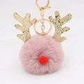 Close-up of pink fluffy pompom reindeer keychain with golden sequin antlers and gold hook - Christmas Deer Style (圣诞鹿钥匙扣) / Dust Rose