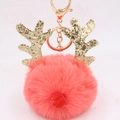Detail of pink plush Christmas pompom keychain with golden glitter reindeer antlers and metal hook - Christmas Deer Style (圣诞鹿钥匙扣) / Orange Red