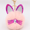 Pink plush cat ear keychain with purple sequin details and gold metal lobster clasp - Pink