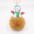 Close-up of fluffy brown faux fur snowman keychain with green scarf and golden hardware - Coffee