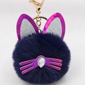 Detailed macro view of dark blue plush cat keychain with purple sequin ears and gold clasp - Navy Blue