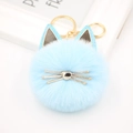 Close-up of light blue plush cat keychain with sequin ears and golden metal rings - Light Blue