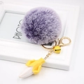 Detail of purple faux fur pompom and silicone banana keychain with golden metal clasp - Two-tone Purple