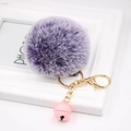 Detailed view of a purple faux fur keychain with a golden ring and pink bell attachment - Two-tone Purple