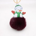 Detail of plush snowman keychain with faux fur pompom and festive leather snowman patch - Fuschia