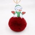 Detail of red faux fur pompom snowman keychain with golden metal clasp and green scarf - Burgundy
