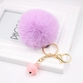 Plush purple faux rabbit fur keychain with gold ring and small pink bell pendant - Taro Purple