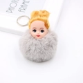 Détail d'un porte-clés poupée créatif avec pompon en fausse fourrure grise et cheveux - Gris clair
