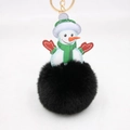 Detail of a Christmas snowman leather pendant with a fluffy black faux fur pompom keychain - Black