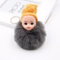 Détail d'un porte-clés poupée avec pompon gris foncé, chignon doré et anneau métallique - Gris clair