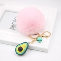 Pink fluffy faux fur pompom keychain with avocado charm and golden hardware detail - Avocado Keychain / Light Pink