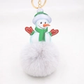 Close-up of snowman faux fur pompom keychain with gold ring and green scarf detail - Light Gray
