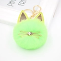 Detailed close-up of neon green cat plush keychain with golden ears and heart-shaped nose - Fluorescent Green