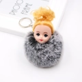 Détail d'un porte-clés poupée avec cheveux dorés et pompon gris en fausse fourrure douce - Noir Bicolore