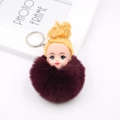 Détail d'un porte-clés poupée mignonne avec pompon en fausse fourrure bordeaux et anneau - Rouge Pourpre