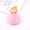 Détail d'un porte-clés poupée avec pompon en peluche rose clair et anneau argenté - Rose