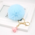 Light blue faux fur pom pom keychain with gold chain and pink bell Christmas gift charm - Light Blue
